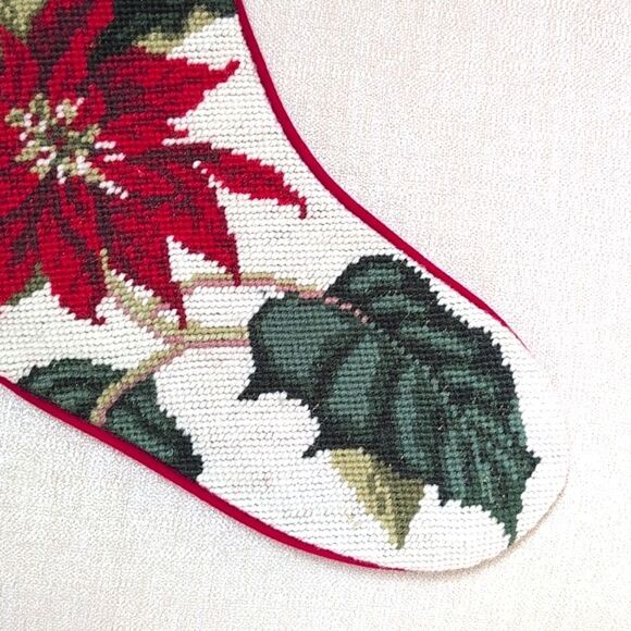 Vintage Wool Needlepoint Poinsettia Christmas Stocking Red Velvet Cotton Backing - Picture 4 of 10
